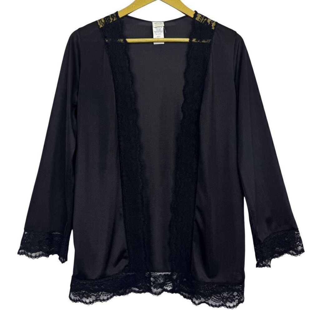 Vintage Y2K Lace Trim Open Cardigan Cover Up Size M Black Whimsigoth Fairy Witch